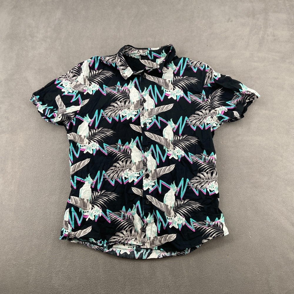 Neff Hawaiian Shirt Mens Large Multicolor Tropical Shirttail Hem Button Up Beach